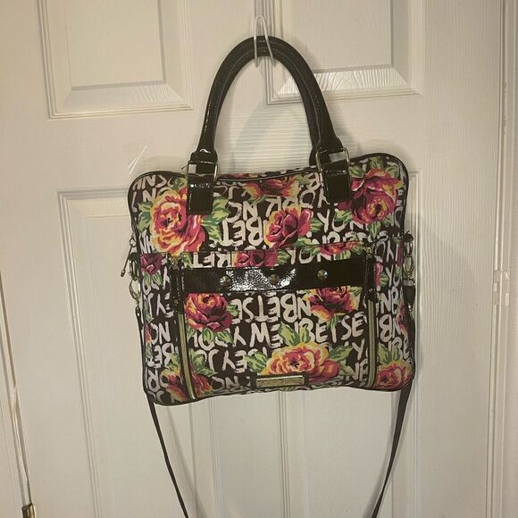 Betsey Johnson Nylon colorful large laptop shoulder bag black patent trim &strap - Picture 3 of 14